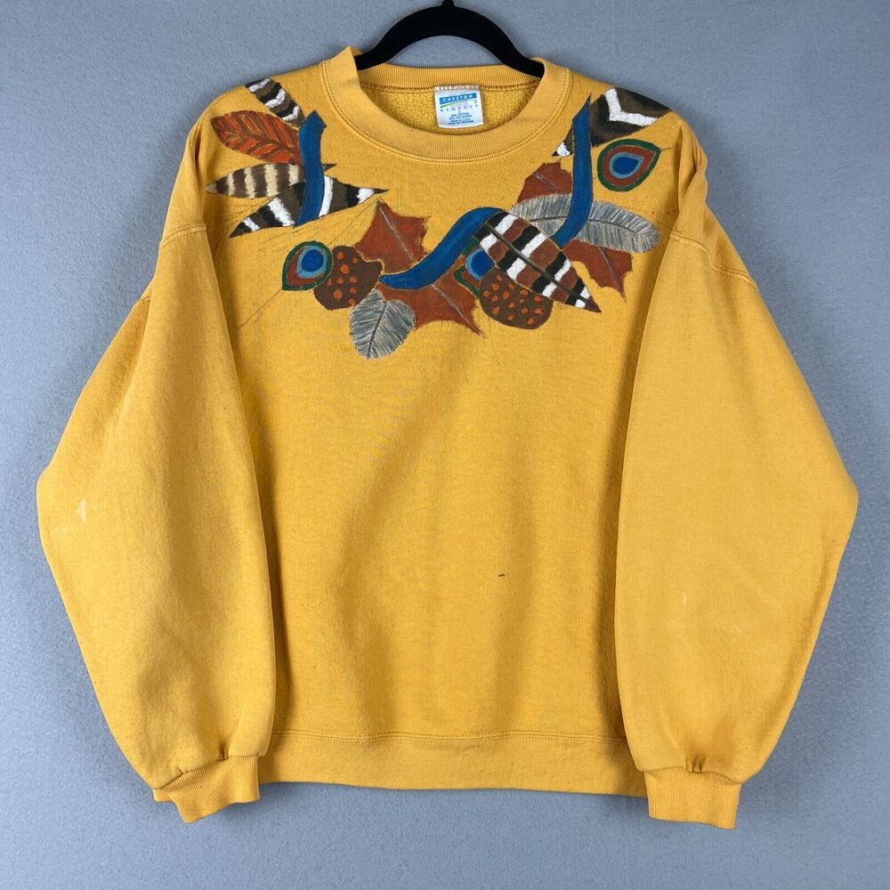 Vintage Navajo Tribal Sweatshirt Women Large Yellow Graphic Retro USA Made Artsy